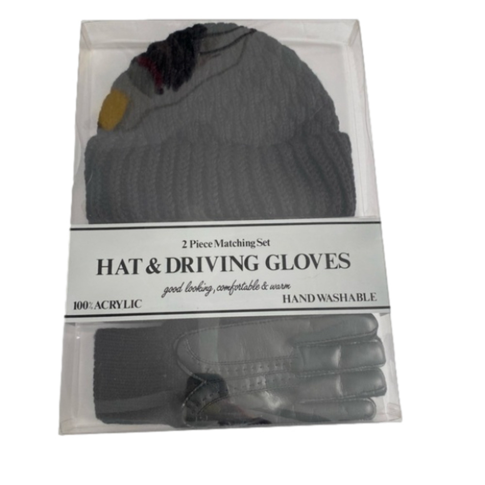 Women's S/M NIB 2 Piece Knit‎ Hat & Faux Leather Gloves Retro Driving Gift Box